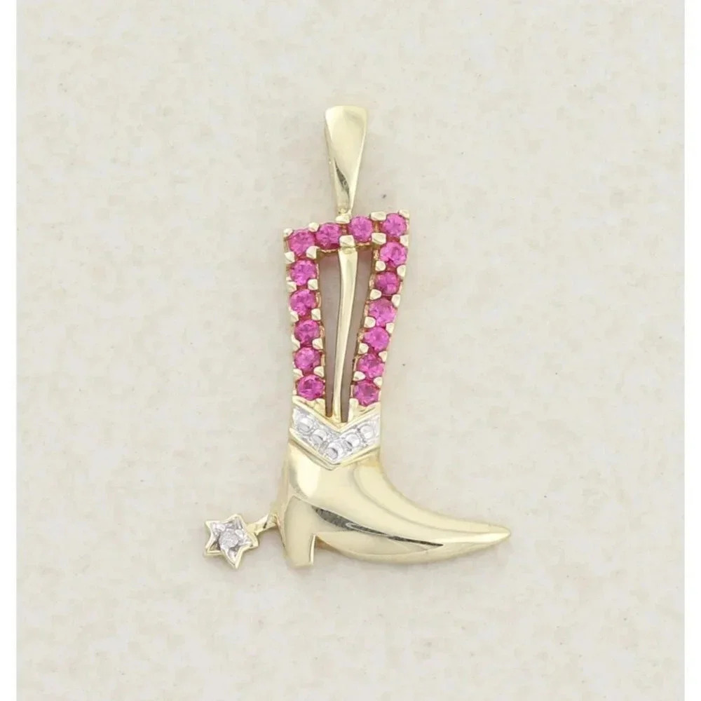 10k Yellow Gold Lab Created Ruby and Diamond Cowboy Boot Pendant Only